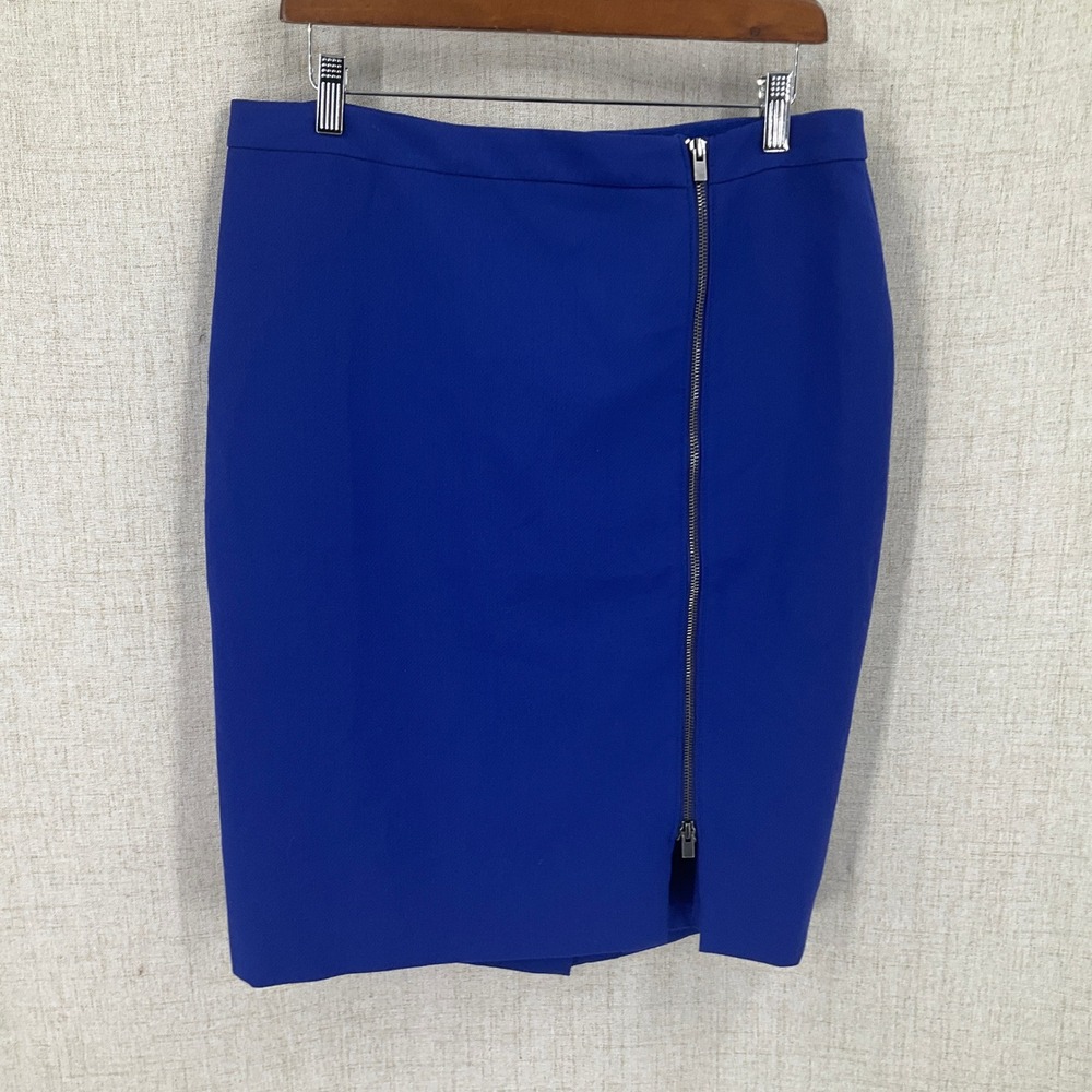 Talbots Pencil Skirt Women 12 Blue Asymmetrical Zip Front Minimalist Office